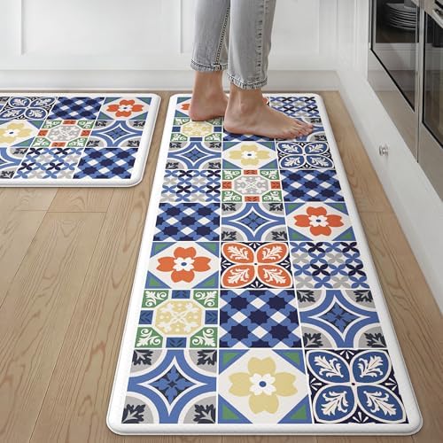 GENIMO Anti Fatigue Kitchen Mats for Floor 2PCS, Standing Rugs, Blue by GENIMO