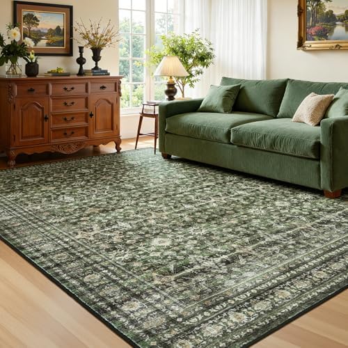 5x7 Olive Green Area Rugs for Living Room, Vintage Washable Rug - Image 2