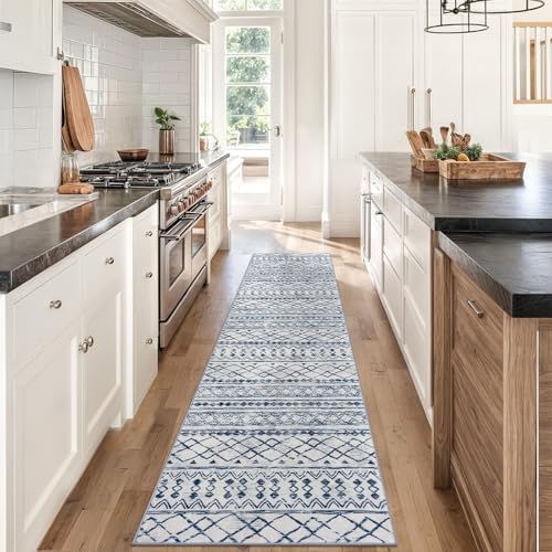 KUTA Moroccan Washable Hallway Runner Rug 2x8 Vintage Blue White - Image 2