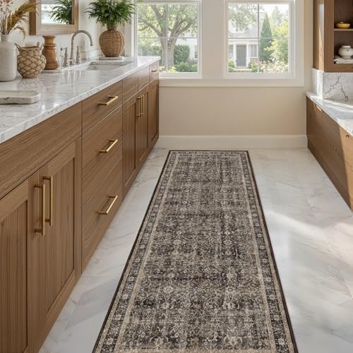 Washable Hallway Runner Rug 2'x6', Vintage MCM, Black/Brown/Beige - Image 4
