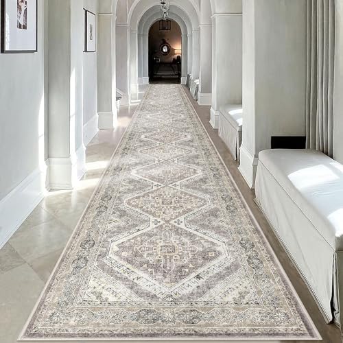 KUTA Extra Long Runner Rug for Hallway 2.6x18 Washable Rugs Ivory Grey by KUTA