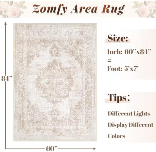 Area Rug 5x7 Vintage Rug: Washable Indoor Medallion Rugs Low Pile Distressed Floor Carpet Retro Accent Rug for Living Room Bedroom Kitchen Dining Table Home Office(Beige, 5'x7') - Image 2