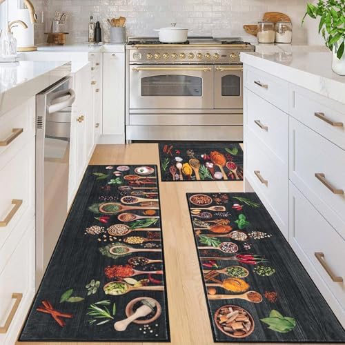 Vaukki Boho Kitchen Rug Sets of 3,Spice Black Washable Kitchen Floor Mat by Vaukki