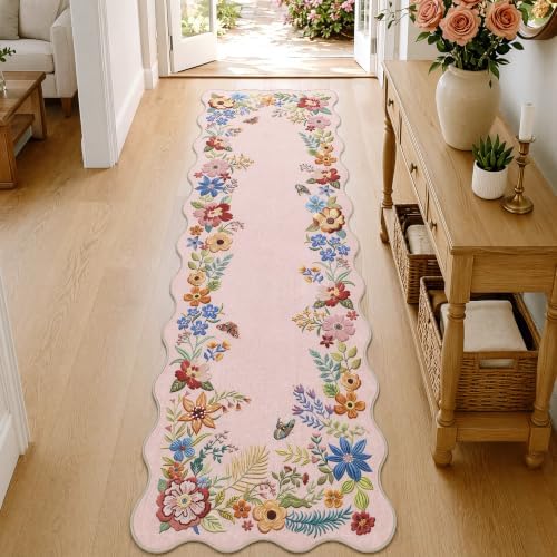 FMFUNCTEX 2x6 Hallway Runner Rug Washable Blush Pink Scalloped Floral Boho by Fmfunctex