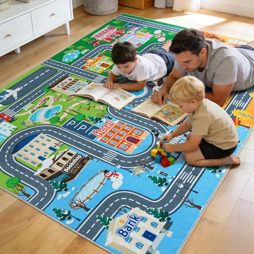 Car Rug Play Mat for Kids Toy Cars, 8' x 10' City Road Town Track Area Rug - Image 6