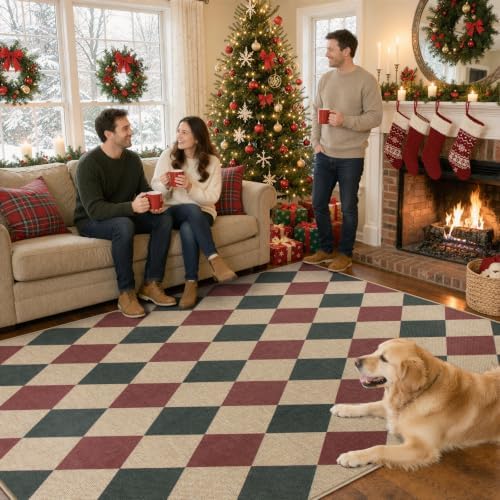Lahome Christmas Rug, 5x7 Christmas Decor Rugs for Living Dining Room Non Shedding Washable Carpet, Checkered Red and Green Non Slip Stain Resistant Indoor Carpet for Patio Office Xmas Holiday Decor - Image 2