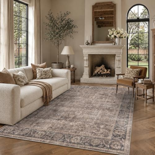 Washable 5x7 Bedroom Non-Slip Area Rug Retro Taupe Navy Throw Carpet by HOME