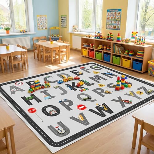 5x7 Ft ABC Alphabet Educational Area Rug for Children Girls Boys Leaning, Car Road Rug for Kids Room, Playroom, Classroom, Bedroom, Non-Slip & Soft Faux Wool Kids Carpet-Washable by Bildenly