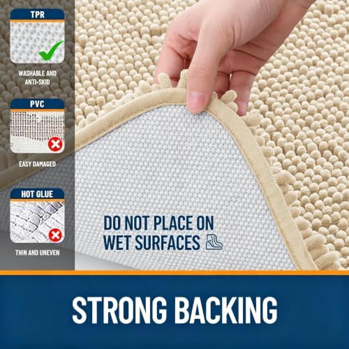 OLANLY Chenille Bathroom Rugs Sets 3 Piece, 59"x20"+24"x16"+24"x20", Beige - Image 5