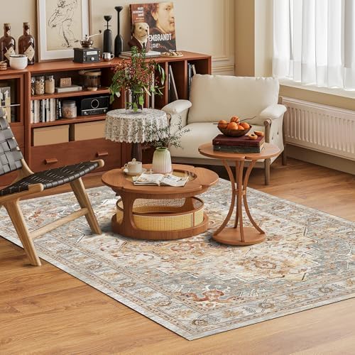 Washable Area Rug 5' x 7' Vintage Traditional Persian Mat - Foldable Distressed Non-Slip Machine Washable Carpet for Living Room Bedroom Kitchen Home Decor - Dove Gray and Coral - Image 2