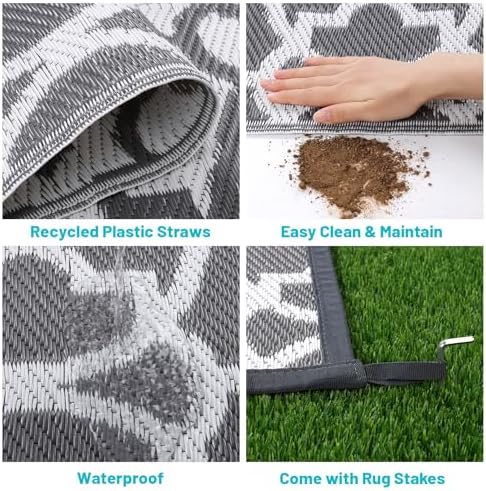 HEBE Waterproof Outdoor Rug 6'x9', Geometric Reversible Plastic Patio Rug - Image 4