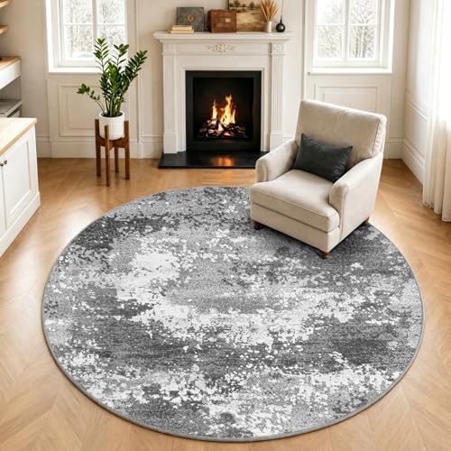 Washable 5 FT Round Rug Grey Circle Area Rugs for Entryway Kitchen, Non Slip Soft Low Pile Stain Resistant, Boho Circular Carpet for Living Room Bedroom Dorm Dining Room Table, Abstract Gray by Acapet