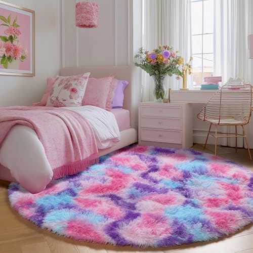 PAGISOFE Rainbow Purple Round Rug for Bedroom Girls 6Ft, Fluffy Cute Colorful Pastel Princess Carpet, Shaggy Girls Rug for Kids Room, Fuzzy Playroom Nursery Dorm Rugs, Hot Pink Purple Kids Room Decor - Image 6