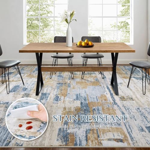 kakania Abstract 12x14 Area Rugs for Living Room: Washable Rugs Blue Gold - Image 5