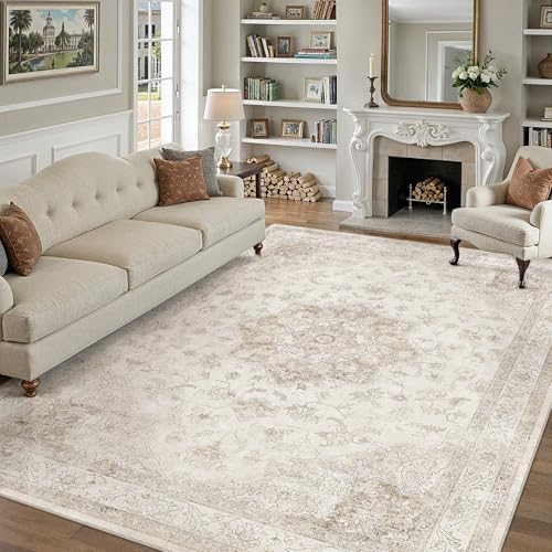 PureCozy Beige 10x14 Washable Area Rug Vintage Oriental Medallion Carpet by PureCozy