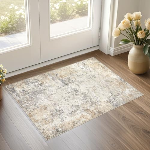 UERMEI 2x3 Entryway Area Rug: Washable Neutral Modern Abstract Small Rug - Non-Slip Low Pile Throw Indoor Carpet for Entrance Kitchen Front Door Mat Bathroom Entry Kids Room - Golden Grey by UERMEI
