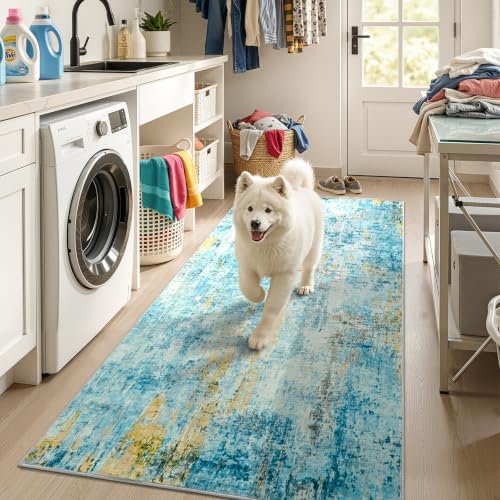 Entryway Rug 3x6 Teal Blue Bedroom Area Rug Washable Non Slip Abstract Boho Rugs for Indoor Entry, Kitchen, Classroom, Bathroom, Kids Girls Room, Office, College Dorm Small Carpet - Image 2