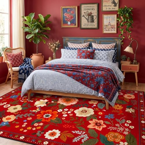 Floral Washable 8x10 Area Rugs Red/Orange - Image 2