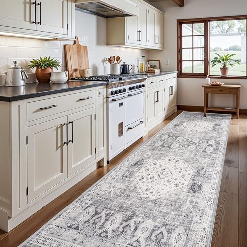 4x12 Washable Kitchen Runner Rug - Wide Indoor Entryway Hallway Rugs with Non Slip Backing Vintage Low Pile Carpet for Bedroom Laundry Ultra Soft Home Decor Floor Mat for Bathroom (Grey,4x12) by RUUGME