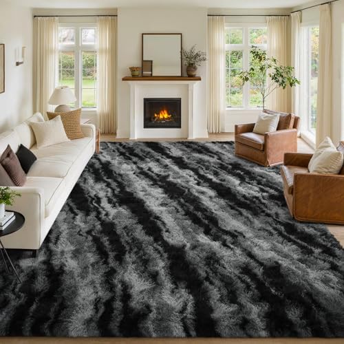 9x12 Non-Slip Fluffy Area Rugs For Living Room (Tie-dye Striped Black) by FinRe%CC%80cHome