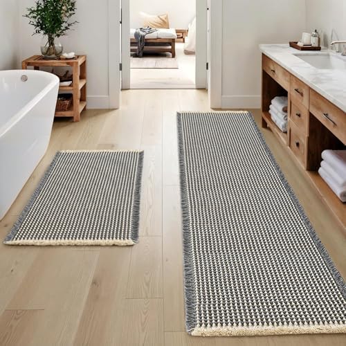 MIULEE Set of 2 Waffle Bathroom Rugs Dark Grey&Yellow 17"x24"+17"x48" by MIULEE