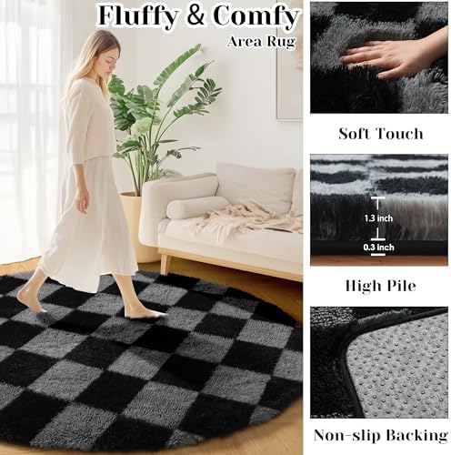 KICMOR Round Rugs 5ft Black and Grey Circle Area Rug, Fluffy Soft Fuzzy Shag Shaggy Bedroom Living Room Carpet, Indoor Checkered Circular Rug for Teen Kids Boys Girls Home Decor Aesthetic, Nursery - Image 2