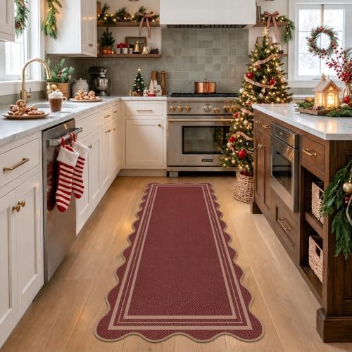 Scalloped 2x6 Christmas Runner Rug, Washable Rugs for Entryway Non Slip Outdoor Indoor Red Hallway Kitchen Rug, Farmhouse Morden Carpet for Entry Bedroom Laundry - Image 3