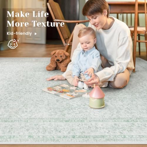 6x9 Area Rugs for Living Room: Washable Vintage Floral Rug Low Pile Non-Slip Boho Carpet for Nursery Bedroom Dining Room (Green, 6'x9') - Image 5