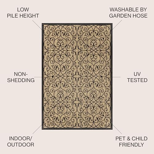 JONATHAN Y Vintage Filigree Indoor Outdoor Area Rug 4X6 Black/Khaki, Madrid Textured Weave for Backyard, Patio, Porch, Easy-Cleaning, High Traffic, Pet-Friendly, Non-Shedding (SMB107A-4) - Image 2