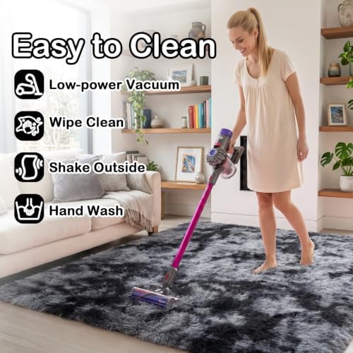 Abstract Rugs for Living Room Kids Room 5x8 Ft, Fluffy Shaggy Tie-Dyed Grey - Image 6