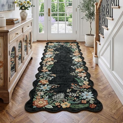 FMFUNCTEX 2x6 Hallway Runner Rug Washable Black Floral Vintage Flower Boho by Fmfunctex