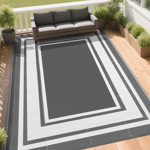 RURALITY Outdoor Rugs 5x8 for Patios Clearance,Waterproof Mats for Porch,Deck,Plastic Straw Area Rugs for Backyard,Balcony,Reversible,Grey&White - Image 3
