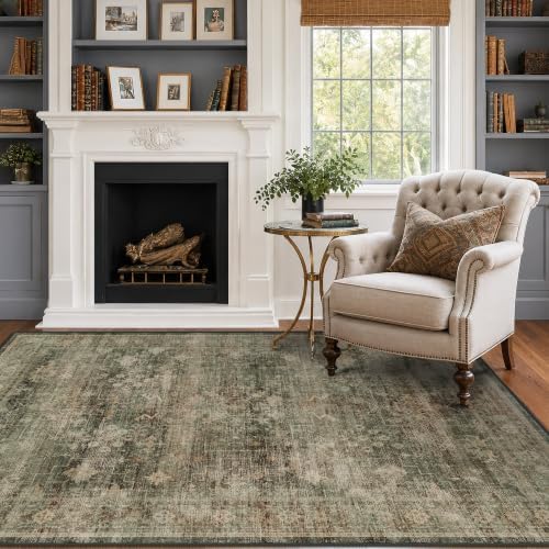 Vintage Moss Green 4x6 Area Rug for Entryway & Home Office, Washable Boho Dark Academia Distressed Geometric Floral Rug for Living Room, Non-Slip Low Pile Stain Resistant - Image 3
