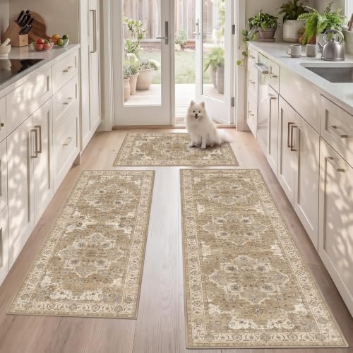3 Piece Kitchen Rugs Sets with Runner, Washable Non Slip Soft Boho Kitchen Mats, Low Pile Stain Resistant Carpet for Hallway, Laundry Room, Entryway, Home Decor(20"x32"+20"x48"+20"x59", Beige Cream) by LOGO