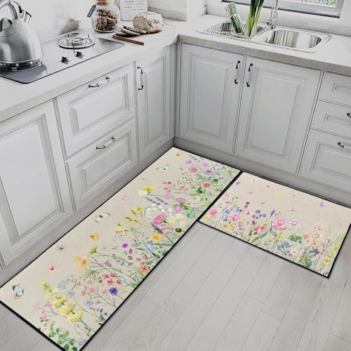 Kitchen Rugs Set of 2 Non Slip WashableWildflower Floral - Image 2