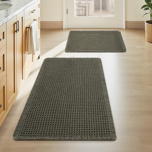 Upgraded Waffle Bath Mat Set of 2 Absorbent Bathroom Mat 17"x24" + 20"x32" by AMOAMI