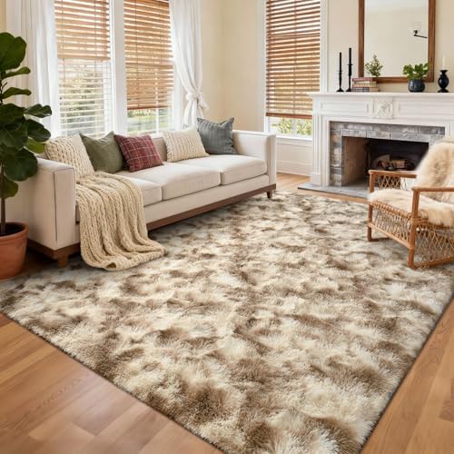 4x6 Ft Shag Area Rug for Bedroom Living Room, Tie-Dyed Ultra Soft Fluffy Furry Rugs for Indoor Floor, Aesthetic Carpet for Kids Home Decor (Khaki) - Image 2