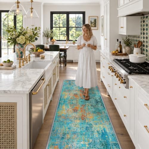 RELEANY Washable Runner 2'x8' Abstract Area Rug for Hallway Teal Multi - Image 3