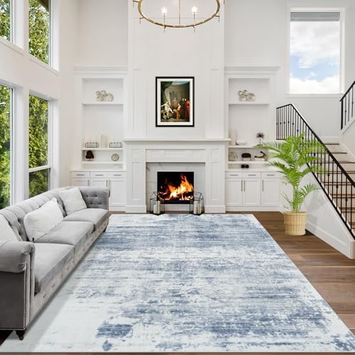 5x7 Area Rugs for Living Room: Washable Abstract Blue White Bedroom Carpet by GENTDRIZZ