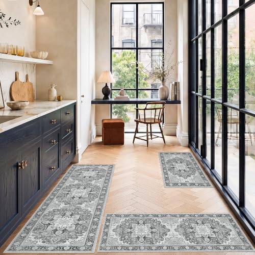 3 Piece Kitchen Rugs Sets with Runner, Washable Non Slip Soft Boho Kitchen Mats, Low Pile Stain Resistant Carpet for Hallway, Laundry Room, Entryway, Home Decor (20"x32"+20"x48"+20"x59", Gray) by LOGO
