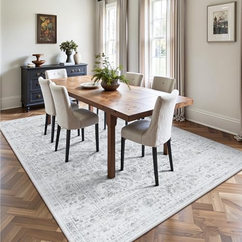 6x9 Area Rugs, Washable Vintage Retro Floral Rug for Living Room, Low Pile Non Slip Distressed Large Carpet for Bedroom, Dining Room, Office, Home (Grey) - Image 4