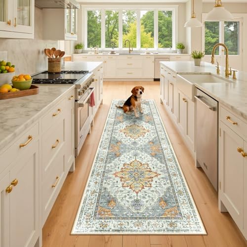 RELEANY Washable Area Rug, Runner 2'x8', Beige/Carbon Grey/Orange by RELEANY