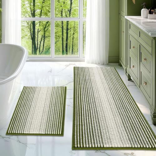 BSICPRO Bathroom Rugs Sets 2 Piece, Non Slip Striped Bath Mats, Sage by BSICPRO