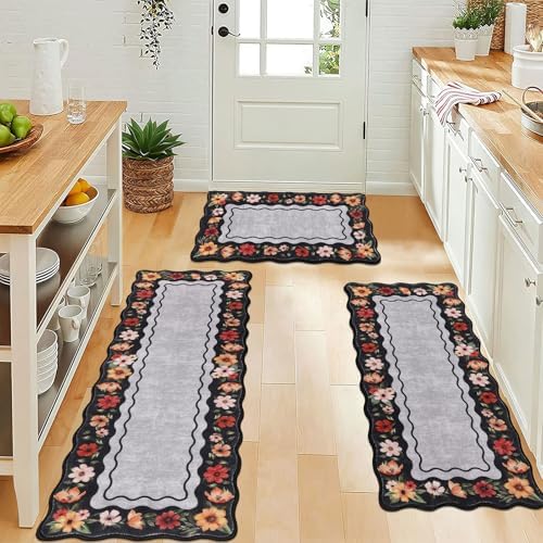 Vaukki Boho Kitchen Rug Sets of 3,Flower Black Washable Kitchen Floor Mat - Image 5
