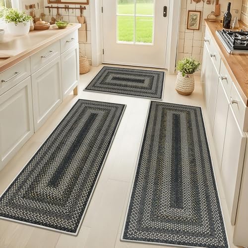HEBE Faux Jute Kitchen Rugs Set of 3, Washable Kitchen Mats for Floor by HEBE
