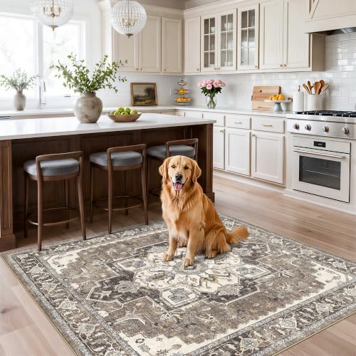 Living Room Washable 6x6 Square Rug: Vintage Non-Slip Backing Area Rugs Stain Resistant Carpet for Bedroom Nursery Indoor Soft Thin Low Pile Home Decor Floor Mat for Kitchen Dining Room (Beige,6x6) - Image 3