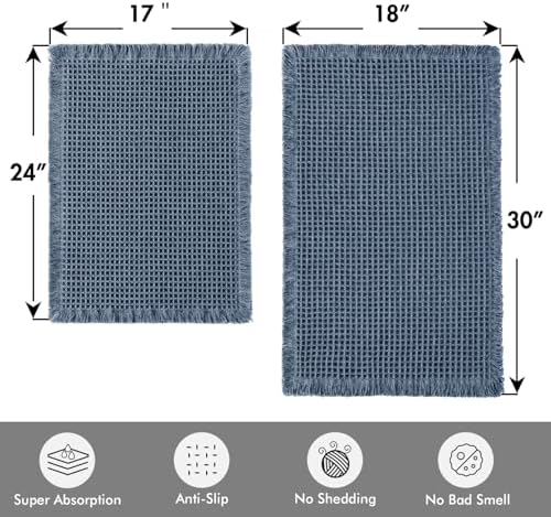 MIULEE Set of 2 Waffle Bathroom Rugs Boho Bath Mat Blue 17"x24"+18"x30" - Image 2