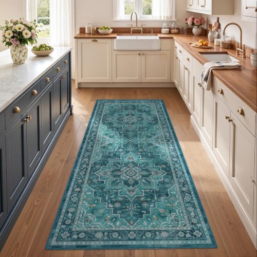 Washable Hallway Runner Rug 3'x6', Vintage Medallion, Boho Teal by Jainmy