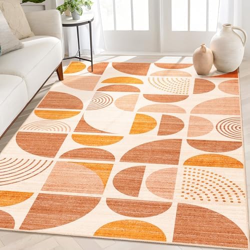 MUJOO Boho Rug Washable,4x6.5 Area Rugs for Bedroom Living Room Bedside Office,Throw Floor Carpet Non Slip Soft Indoor Modern Abstract Bohemian Orange by MUJOO