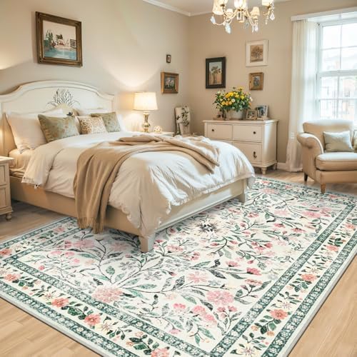 PLHXFR 6x9 Area Rug Living Room: Floral Washable Boho Carpet Green Beige - Image 3